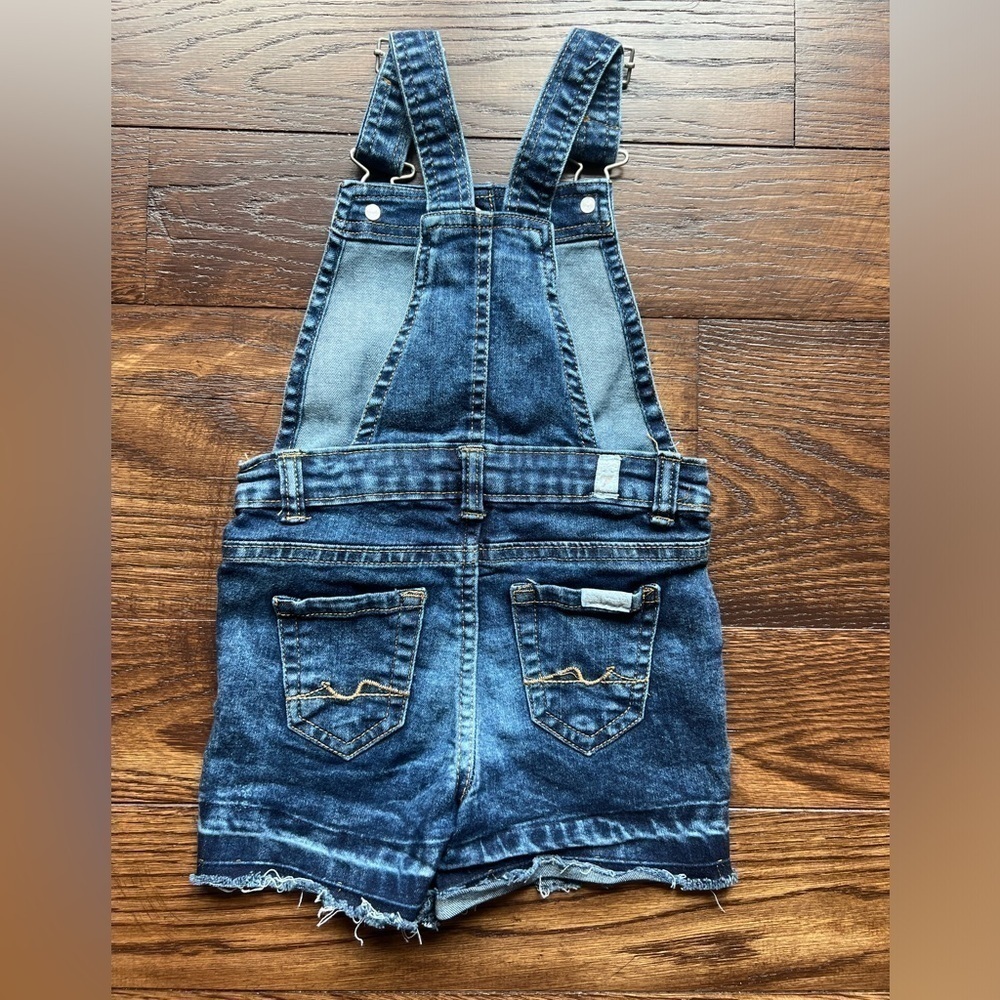 7 for all Mankind Toddler Girls Overall Shorts 4T Blue Denim Bib Distressed. - Picture 2 of 4